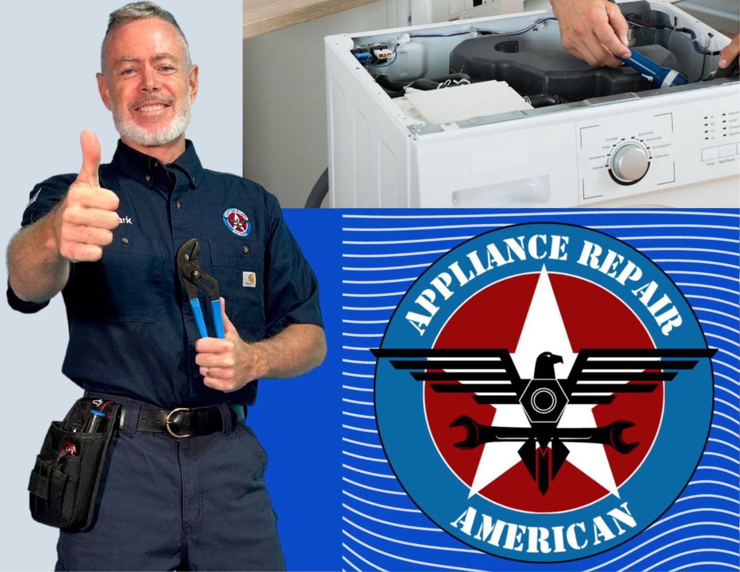 Mark Oliver with blue-handled pliers beside a washing-machine service image and Appliance Repair American logo